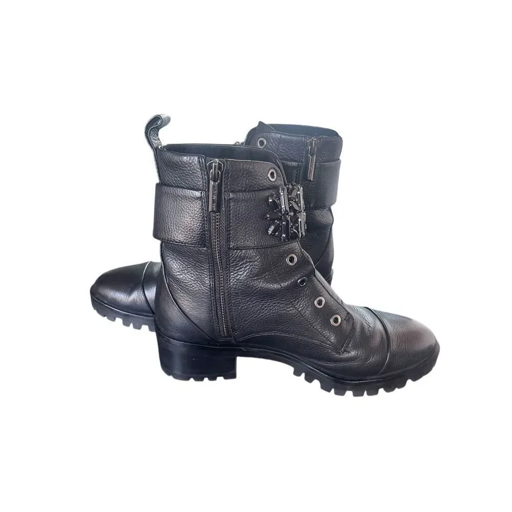 Karl Lagerfeld Pipa Crystal Embellished Platform Ankle Boots Black 9.5 Moto - Picture 4 of 10